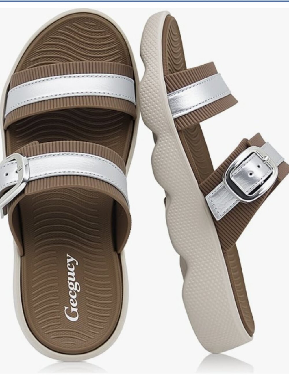 NWT lightweight slipon sandals with adjustable buckle size 8 brown and white